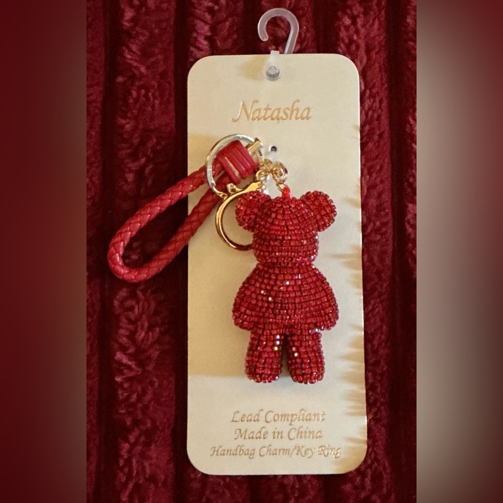 Natasha Couture Red Crystal Bear Key & Card Holder Charm with Gold Hardware